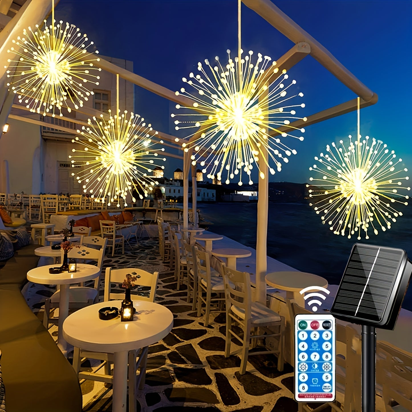 4 Pack, Suspended Solar Fireworks Light, 240/360/480 Leds Star Burst Light, Outdoor Waterproof, 8-Mode With Remote Control, Fairy Light, Eaves Garden Tree Christmas Decorative Light (Warm White)