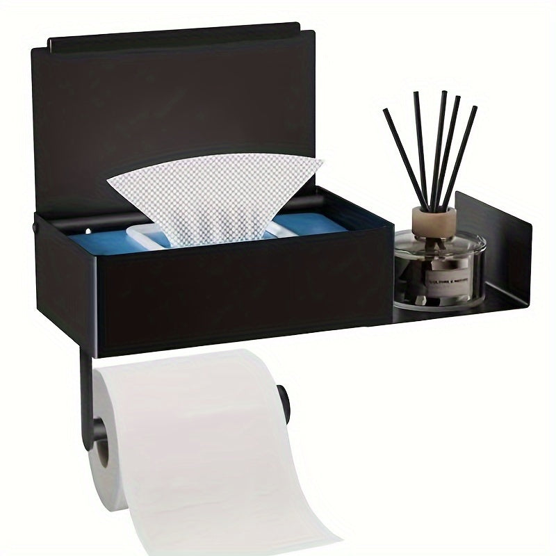 Self-Adhesive Toilet Paper Holder with Wet Wipe Storage Box - Stainless Steel Wall-Mounted Tissue Roll Dispenser, No-Drill Bathroom Accessory