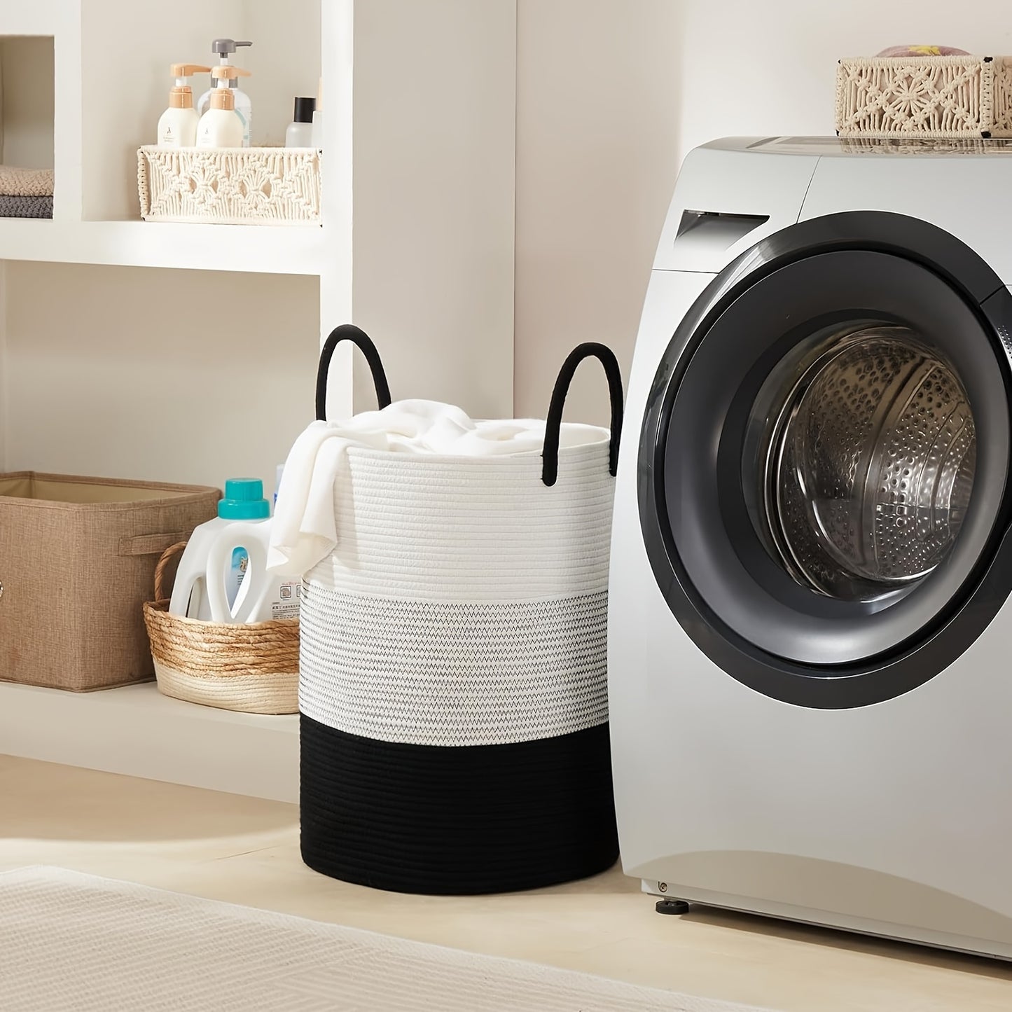 1pc Spacious 58L Woven Rope Laundry Hamper - Tall Boho Storage Basket for Blankets and Clothes, Perfect for Bedroom and Living Room Organization, Stylish and Space-Saving Solution for Laundry Day - Single Piece