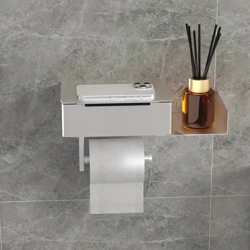 Self-Adhesive Toilet Paper Holder with Wet Wipe Storage Box - Stainless Steel Wall-Mounted Tissue Roll Dispenser, No-Drill Bathroom Accessory