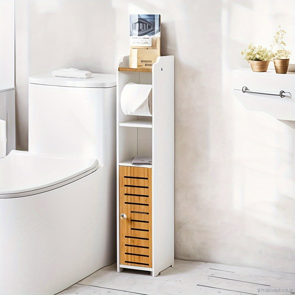 Narrow Bathroom Cabinet Toilet Paper Towel Storage Shelf with Two Paper Holders, Toilet Roll Holders for Small Space Behind Toilet Storage for Restroom Cabinet