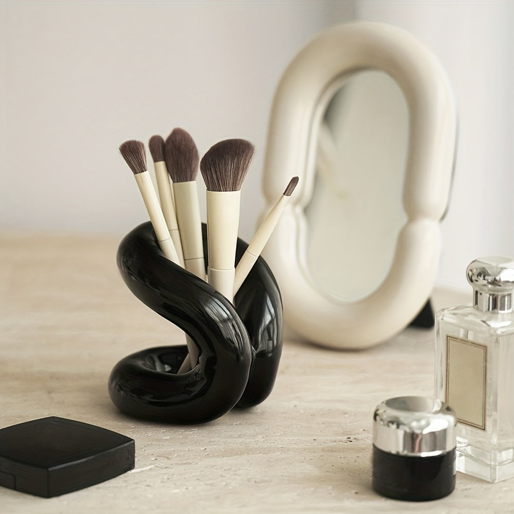 Modern Art Style Ceramic Makeup Brush Holder, Toothbrush And Toothpaste Stand, Minimalist Desktop Storage Rack For Bedroom And Bathroom