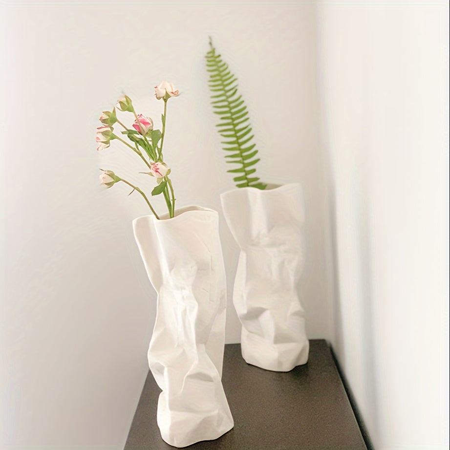 1pc Exquisite Ceramic Floral Vase - Unique Paper Bag Design with Irregular Pleats, Aesthetic Minimalist & Boho Style - Perfect Modern Trendy Home Decor for Living Room Table Centerpieces, Durable & Easy to Clean