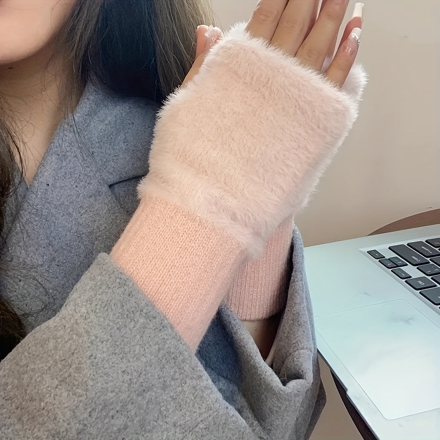 Simple Plush Splicing Knit Gloves Stylish Elegant Soft Warm Fingerless Gloves Autumn Winter Coldproof Elastic Wrist Cover