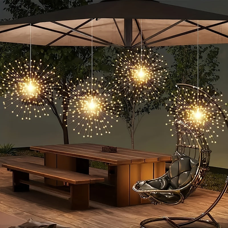 4 Pack, Suspended Solar Fireworks Light, 240/360/480 Leds Star Burst Light, Outdoor Waterproof, 8-Mode With Remote Control, Fairy Light, Eaves Garden Tree Christmas Decorative Light (Warm White)