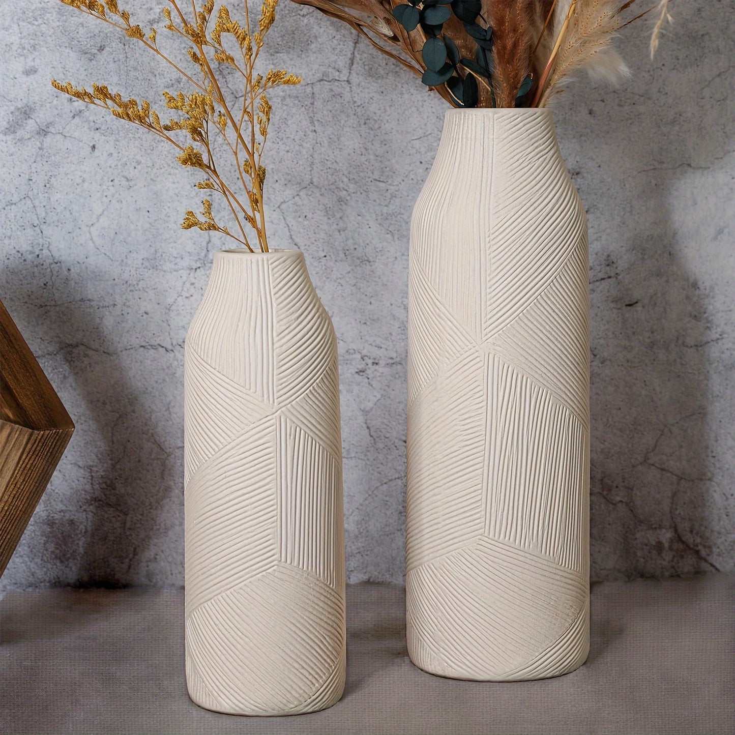 Set Of 2 White Ceramic Vases, Pampas Grass Decorative White Vase, Home Living Room Table Farmhouse Office Decoration (White)