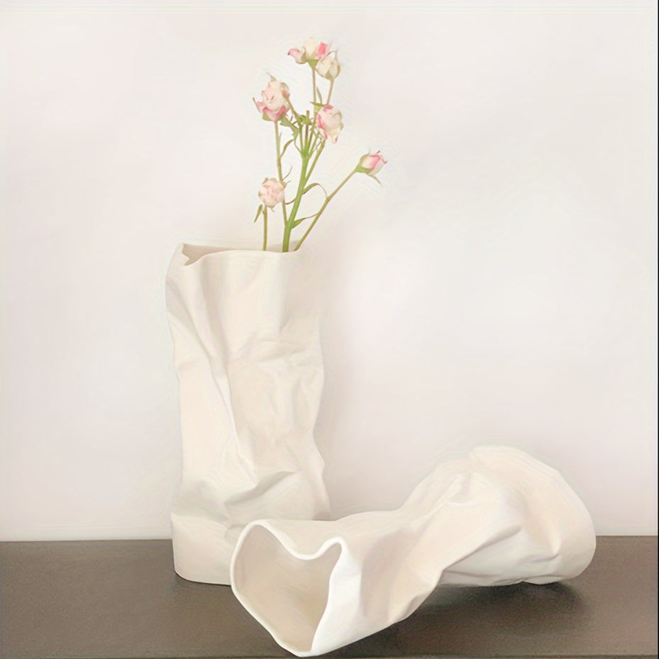 1pc Exquisite Ceramic Floral Vase - Unique Paper Bag Design with Irregular Pleats, Aesthetic Minimalist & Boho Style - Perfect Modern Trendy Home Decor for Living Room Table Centerpieces, Durable & Easy to Clean