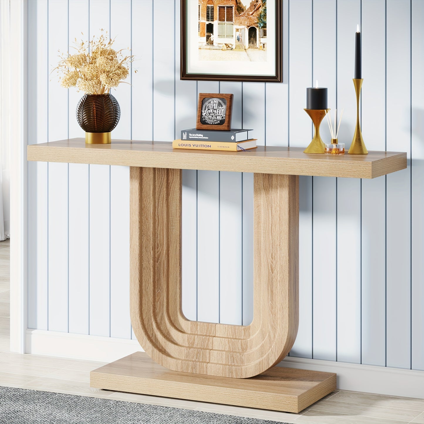 LITTLE TREE Farmhouse Entryway Table, 39" Narrow Console Table with Geometric Base, Wood Skinny Sofa Table Behind Couch with Storage for Living Room, Hallway, Foyer, Entrance