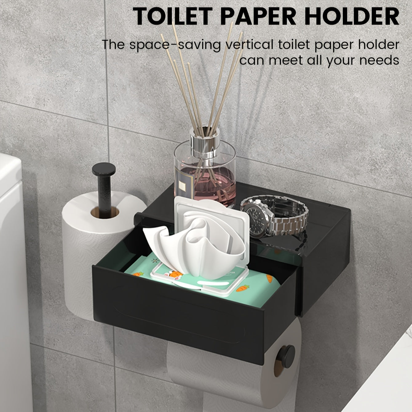 Easy-Install Black Toilet Paper Holder With Shelf - Wall-Mounted, No-Drill Bathroom Organizer For Tissues & Wipes