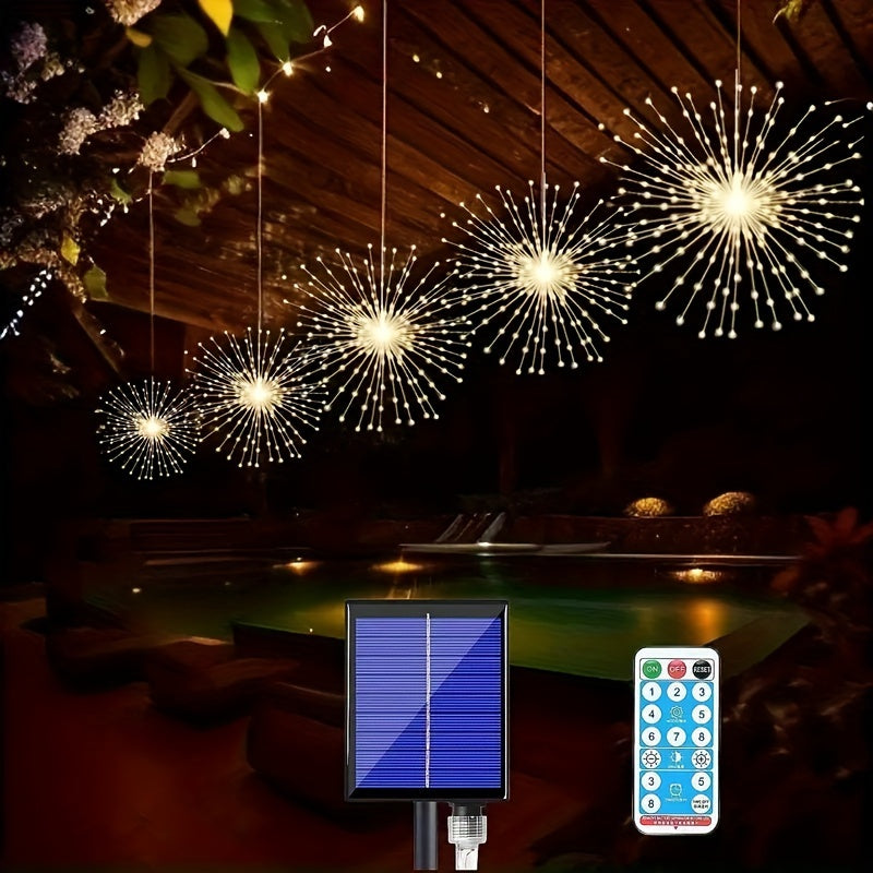 4 Pack, Suspended Solar Fireworks Light, 240/360/480 Leds Star Burst Light, Outdoor Waterproof, 8-Mode With Remote Control, Fairy Light, Eaves Garden Tree Christmas Decorative Light (Warm White)