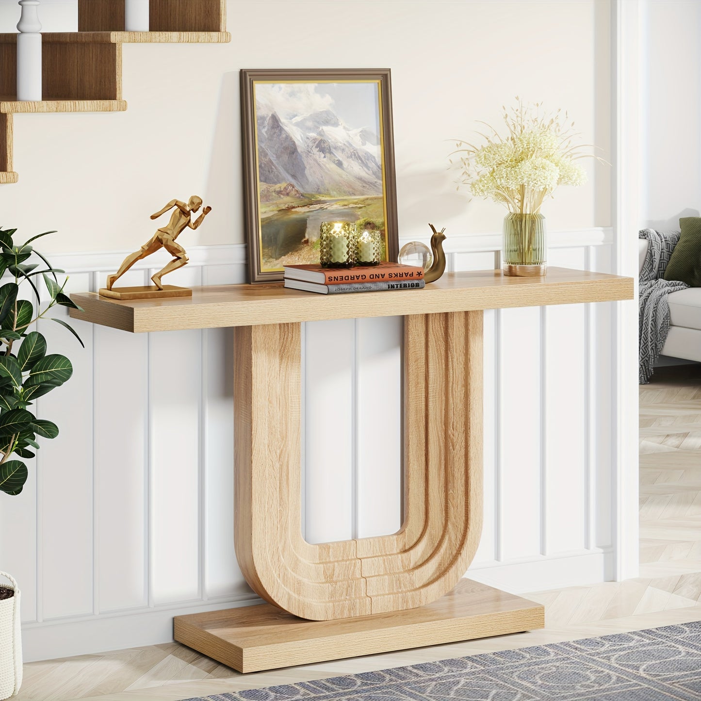 LITTLE TREE Farmhouse Entryway Table, 39" Narrow Console Table with Geometric Base, Wood Skinny Sofa Table Behind Couch with Storage for Living Room, Hallway, Foyer, Entrance