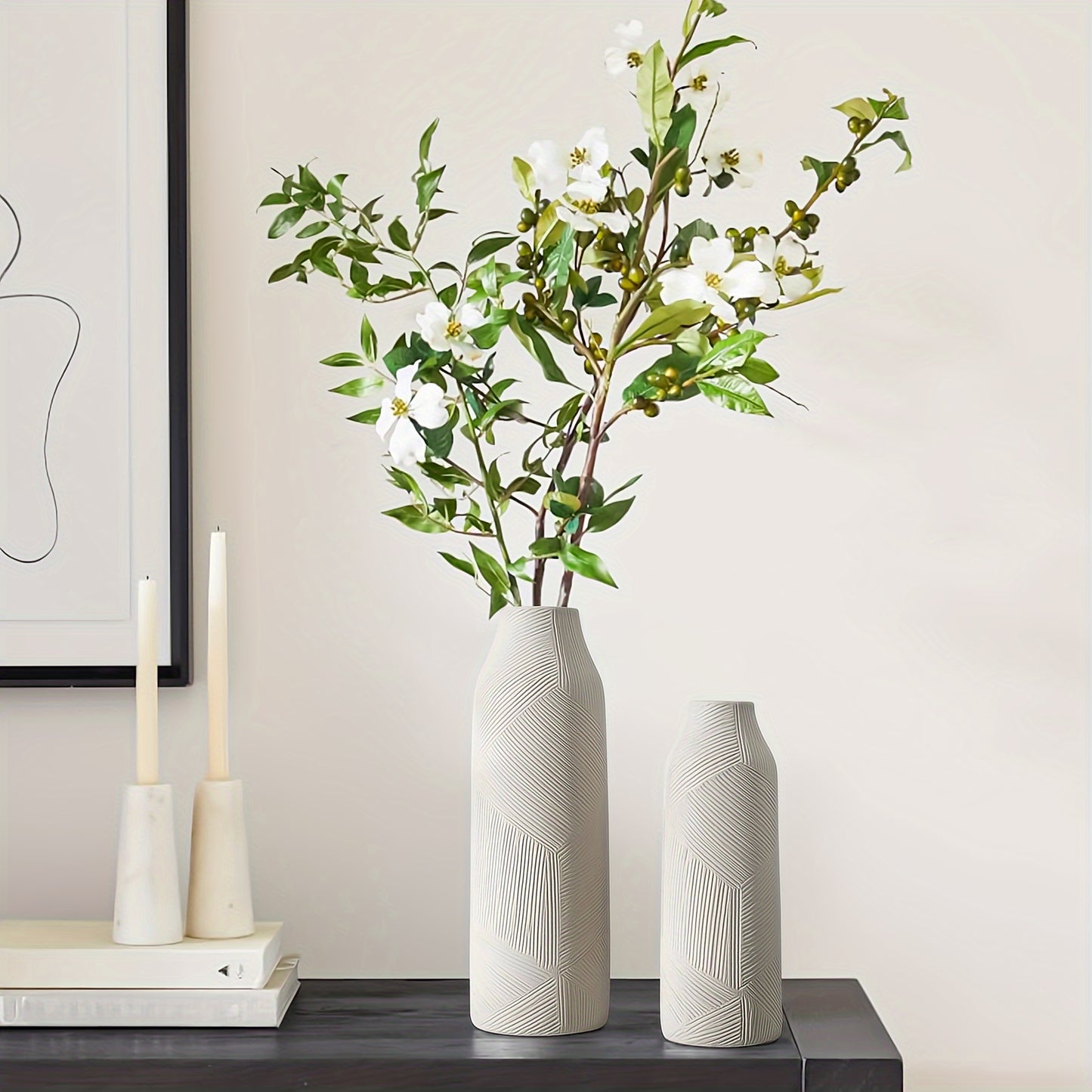 Set Of 2 White Ceramic Vases, Pampas Grass Decorative White Vase, Home Living Room Table Farmhouse Office Decoration (White)