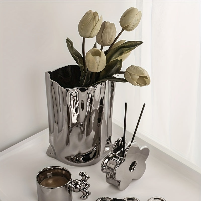 1pc, Exquisite Handcrafted Ceramic Flower Vase - Tall & Modern Design, Elevates Home Decor, Perfect for Living Room, Office, Dining Table, and Celebrations
