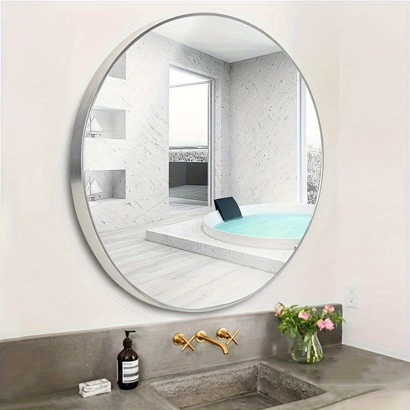1pc Coastal Theme Round Wall Mirror, Polished Finish Stainless Steel Frame, Unscented, Wall Mount Decorative Mirror for Bathroom, Bedroom, Vanity, Makeup, Portable Design, Metal, No Power or Battery Needed