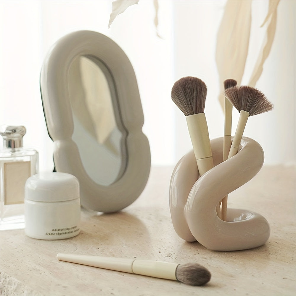 Modern Art Style Ceramic Makeup Brush Holder, Toothbrush And Toothpaste Stand, Minimalist Desktop Storage Rack For Bedroom And Bathroom