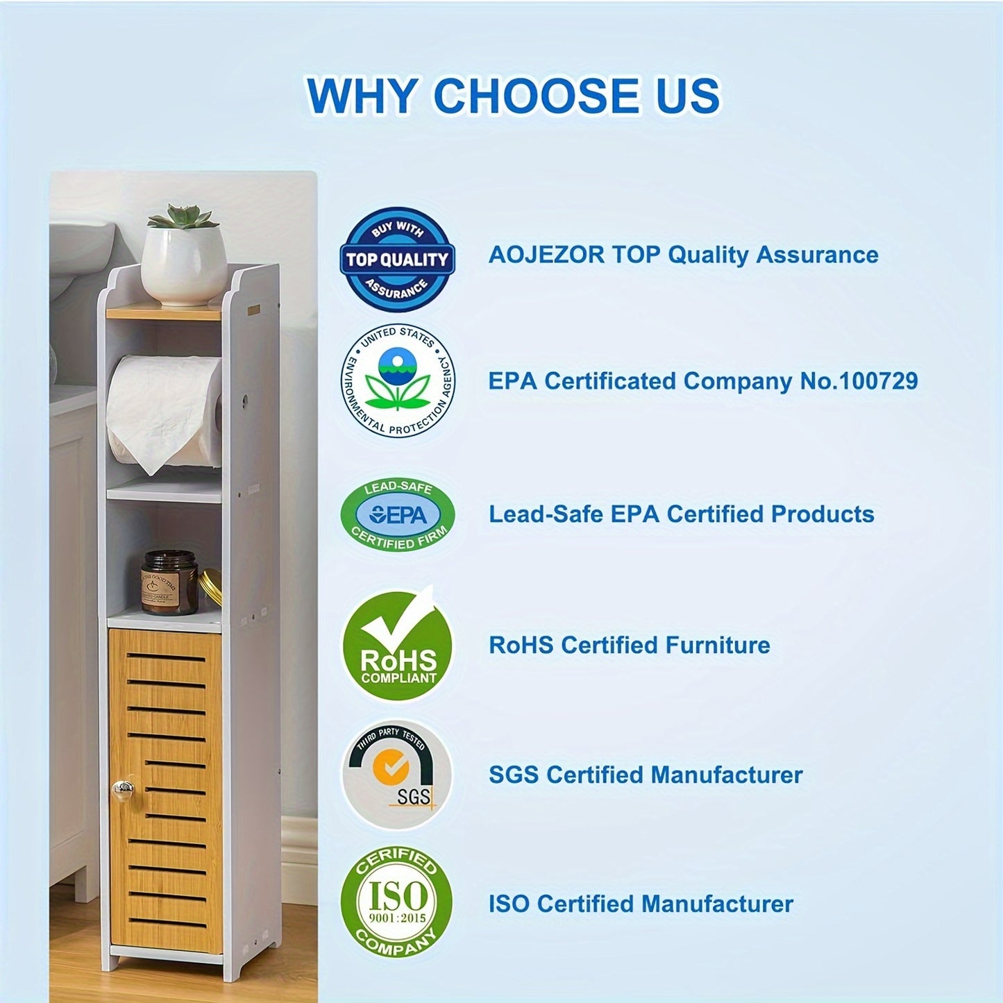 Narrow Bathroom Cabinet Toilet Paper Towel Storage Shelf with Two Paper Holders, Toilet Roll Holders for Small Space Behind Toilet Storage for Restroom Cabinet