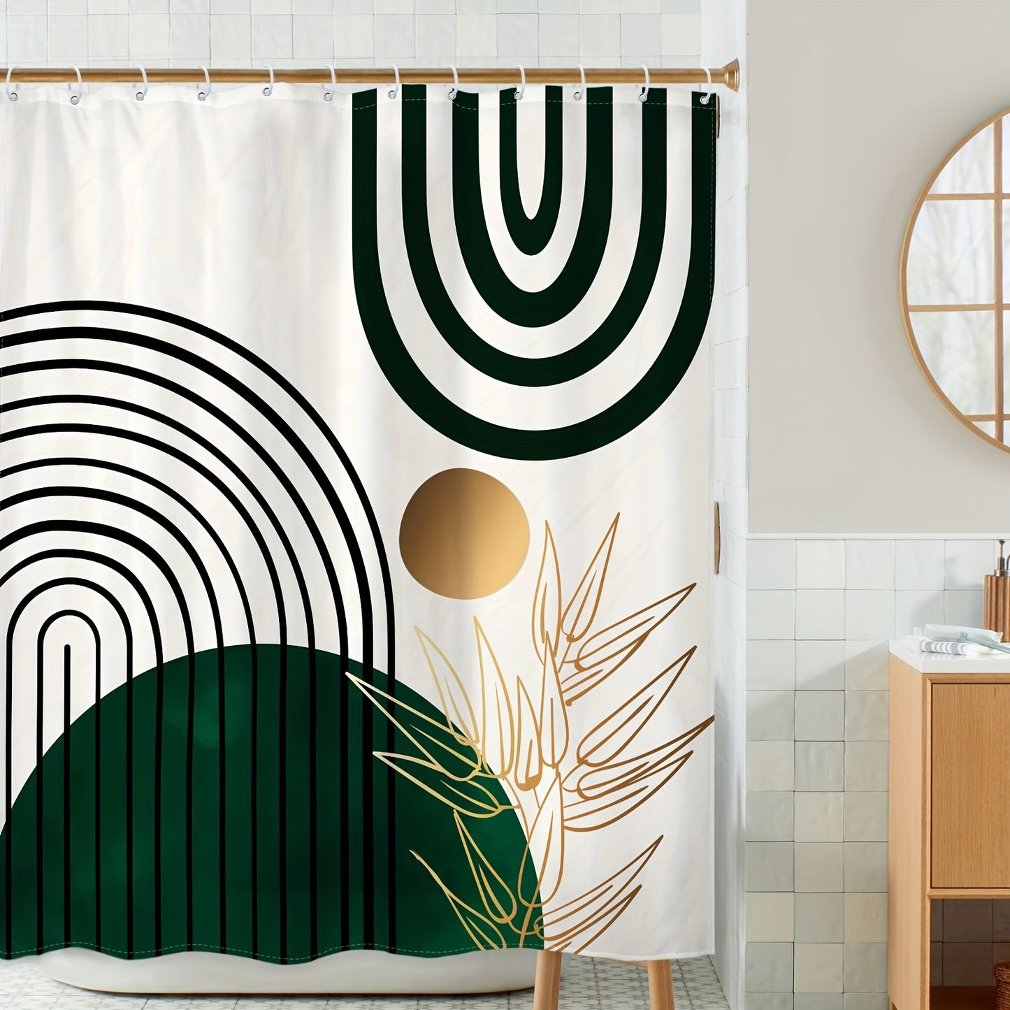 1/4pcs Waterproof Dark Green Semicircle Shower Curtain Set, For Bathroom Decor And Windows, Aesthetic Room Decor, Home Decor, With Non-slip Rugs And Toilet Lid Cover