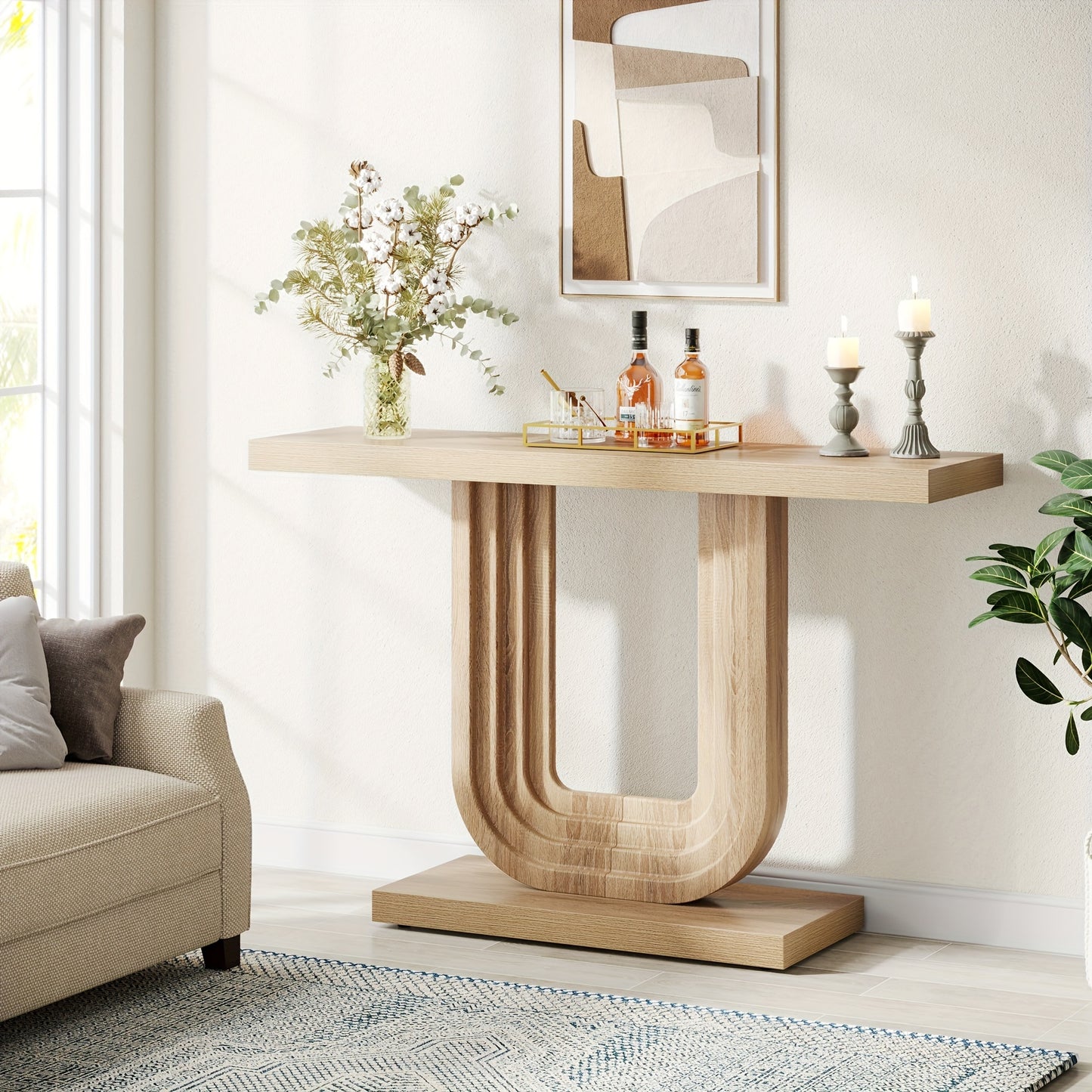 LITTLE TREE Farmhouse Entryway Table, 39" Narrow Console Table with Geometric Base, Wood Skinny Sofa Table Behind Couch with Storage for Living Room, Hallway, Foyer, Entrance