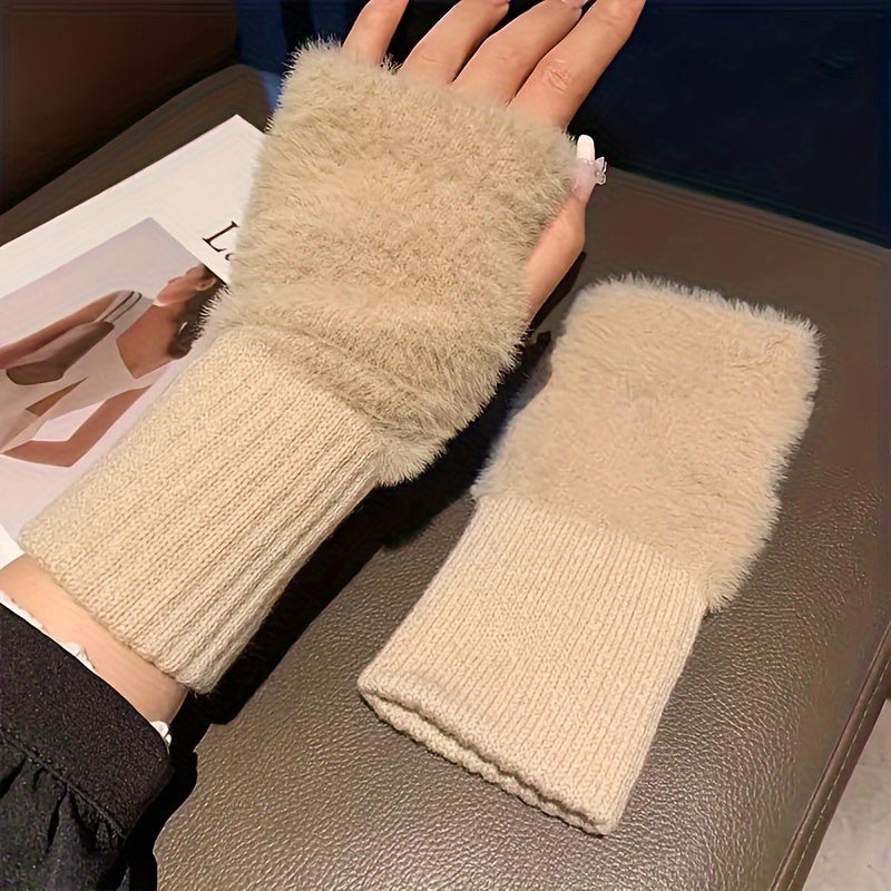 Simple Plush Splicing Knit Gloves Stylish Elegant Soft Warm Fingerless Gloves Autumn Winter Coldproof Elastic Wrist Cover