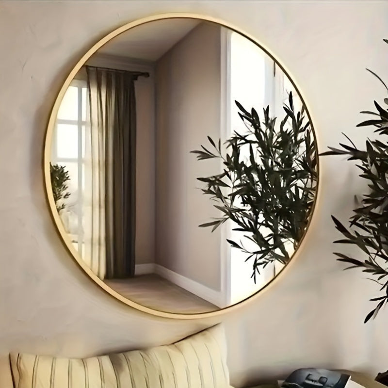 1pc Coastal Theme Round Wall Mirror, Polished Finish Stainless Steel Frame, Unscented, Wall Mount Decorative Mirror for Bathroom, Bedroom, Vanity, Makeup, Portable Design, Metal, No Power or Battery Needed