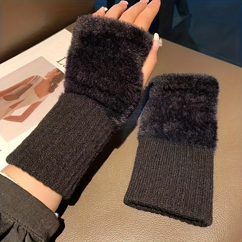 Simple Plush Splicing Knit Gloves Stylish Elegant Soft Warm Fingerless Gloves Autumn Winter Coldproof Elastic Wrist Cover