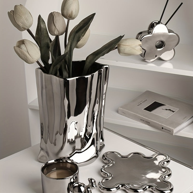 1pc, Exquisite Handcrafted Ceramic Flower Vase - Tall & Modern Design, Elevates Home Decor, Perfect for Living Room, Office, Dining Table, and Celebrations