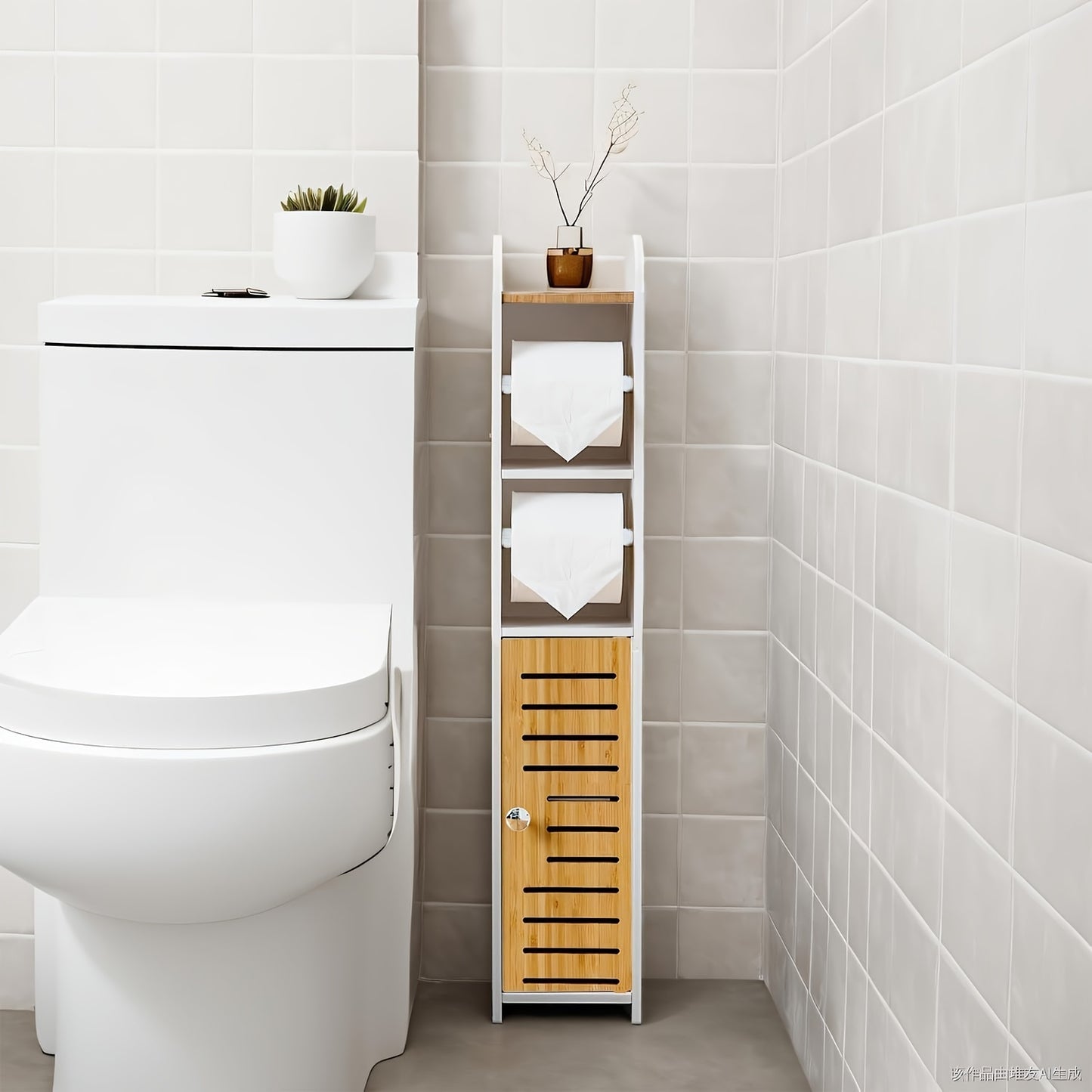 Narrow Bathroom Cabinet Toilet Paper Towel Storage Shelf with Two Paper Holders, Toilet Roll Holders for Small Space Behind Toilet Storage for Restroom Cabinet
