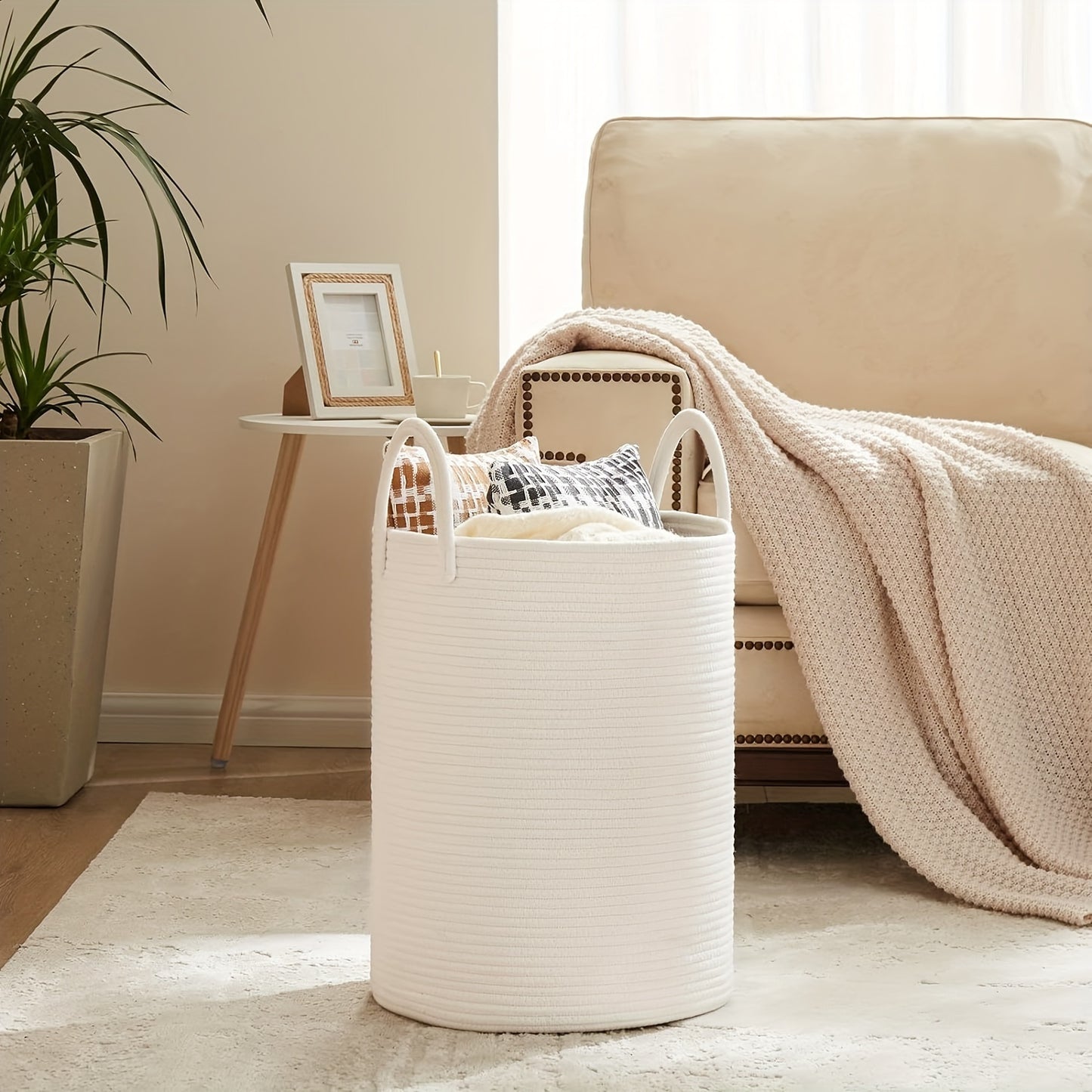 1pc Spacious 58L Woven Rope Laundry Hamper - Tall Boho Storage Basket for Blankets and Clothes, Perfect for Bedroom and Living Room Organization, Stylish and Space-Saving Solution for Laundry Day - Single Piece
