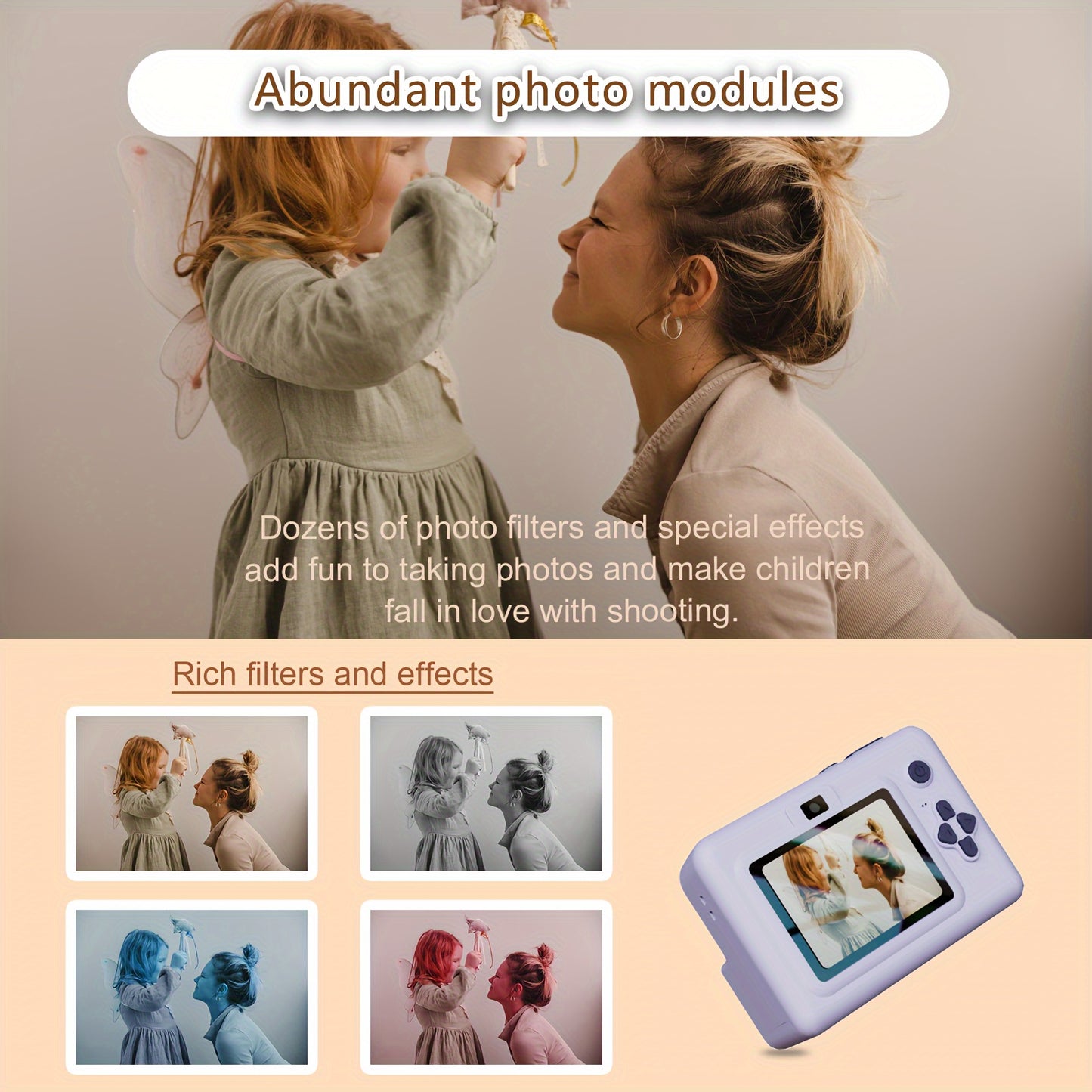 Instant Print Kids Camera 720P HD, USB Rechargeable Digital Camera with IPS Screen, Non-Waterproof Plastic Body, Lithium Polymer Battery 1500mAh, for Ages 3-12, Includes 3 Rolls of Photo Paper