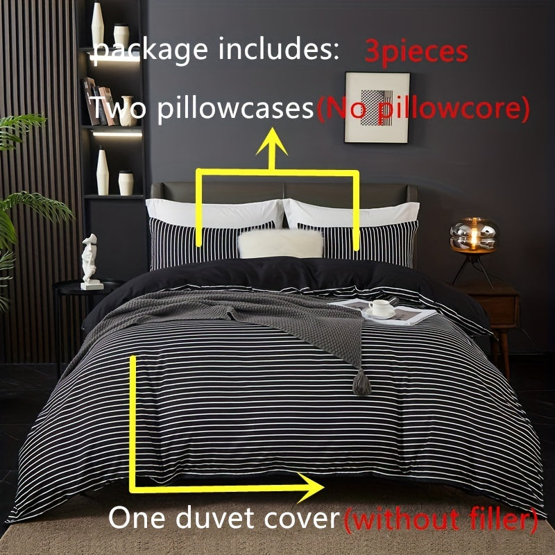 3pcs Duvet Cover Set (1*Duvet Cover + 2*Pillowcases, Without Core), Black And White Stripe Print Bedding Set, Soft Comfortable Duvet Cover, For Bedroom, Guest Room