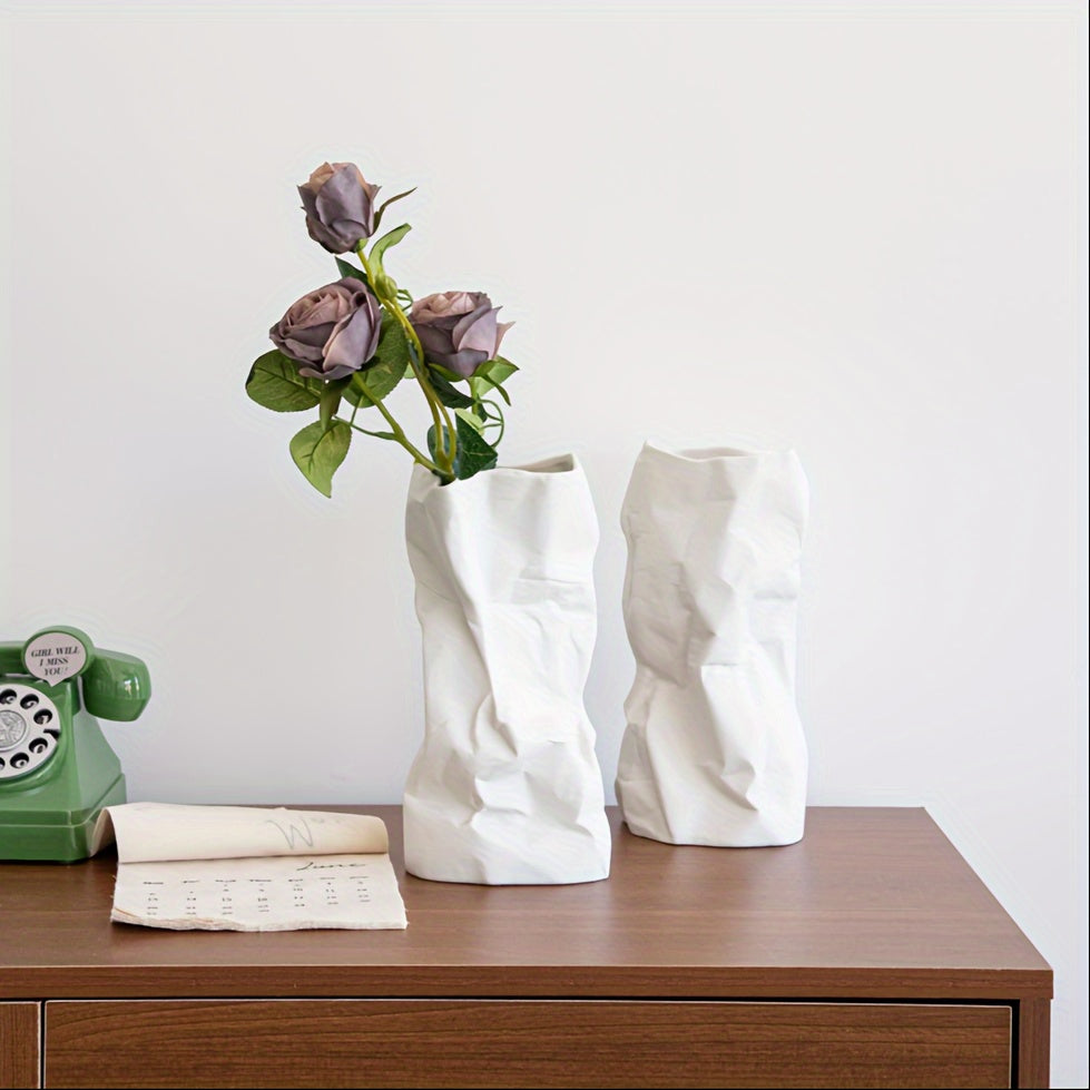 1pc Exquisite Ceramic Floral Vase - Unique Paper Bag Design with Irregular Pleats, Aesthetic Minimalist & Boho Style - Perfect Modern Trendy Home Decor for Living Room Table Centerpieces, Durable & Easy to Clean