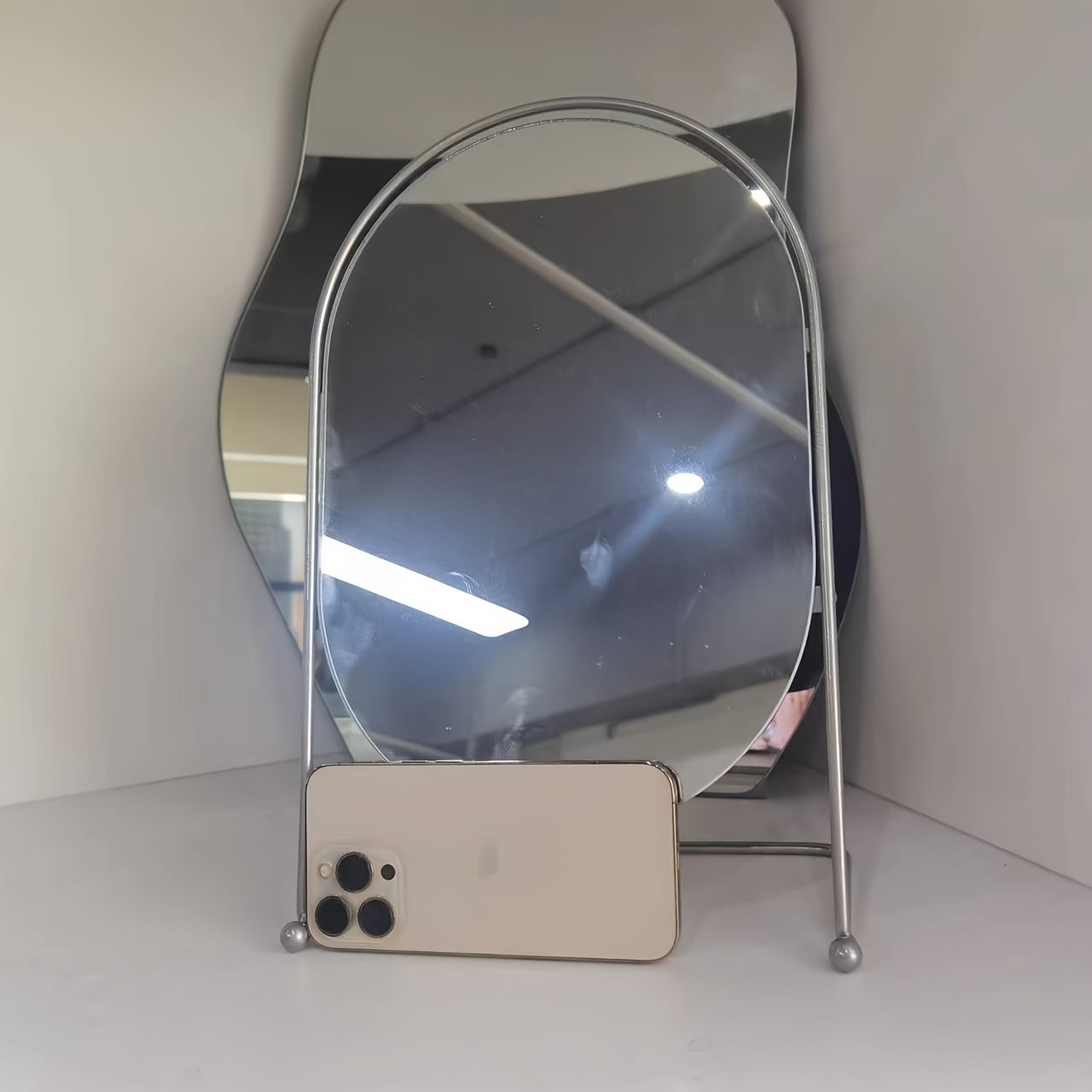 Portable & Chic Stainless Steel Makeup Mirror – Tabletop, Crystal Clear Glass, Ideal for Decor & Grooming