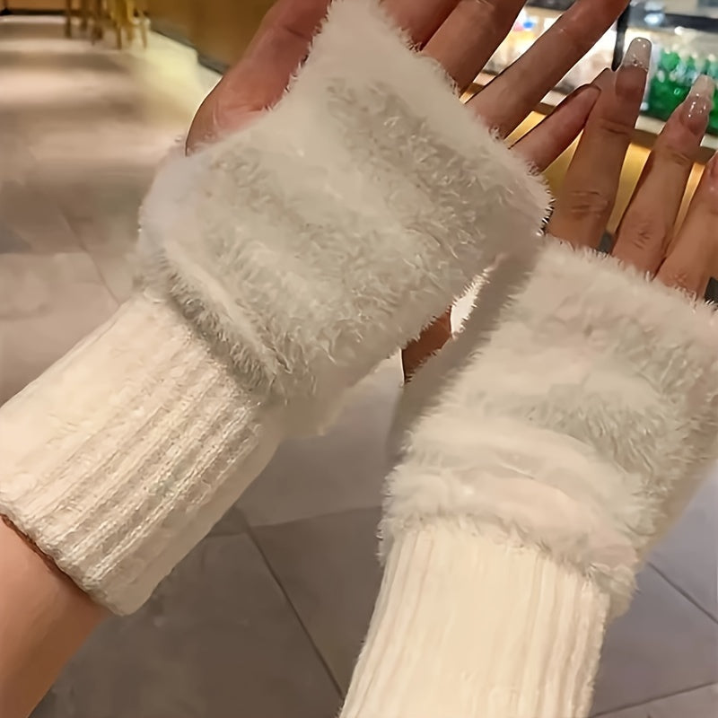 Simple Plush Splicing Knit Gloves Stylish Elegant Soft Warm Fingerless Gloves Autumn Winter Coldproof Elastic Wrist Cover