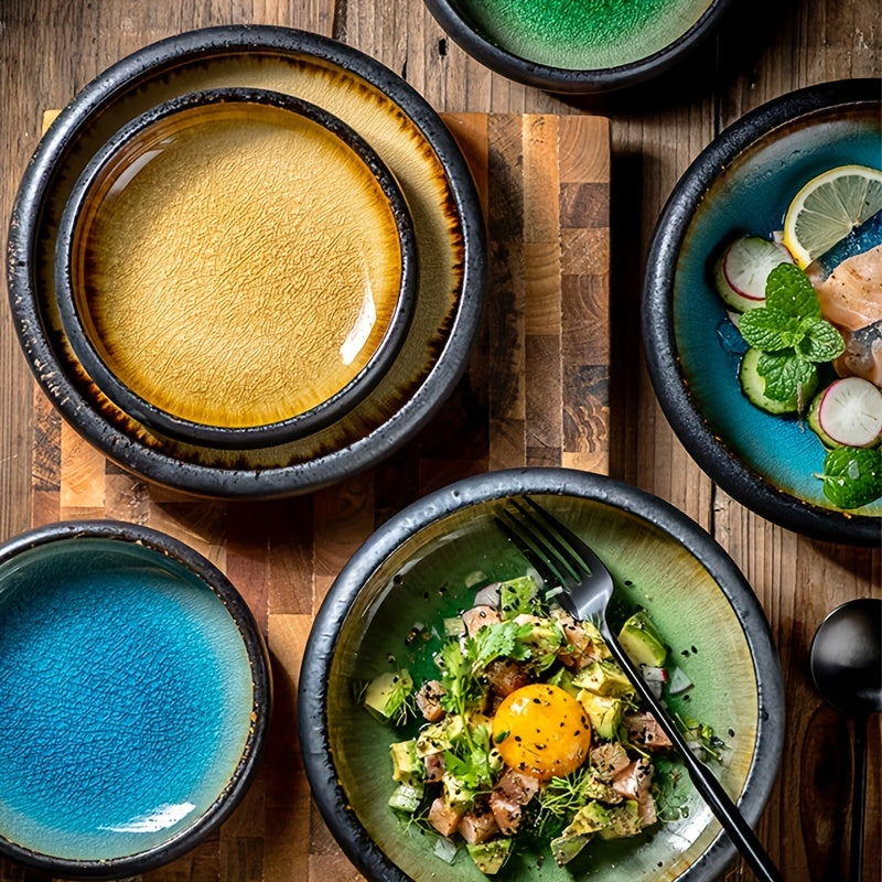 1pc Creative Kiln Ice Split Glaze Ceramic Plate, Japanese Sushi Sashimi Plate Dish, Salad Plate, Dessert Plate, For Home Kitchen Sushi Shop Restaurant, Tableware Accessories, Kitchen Supplies