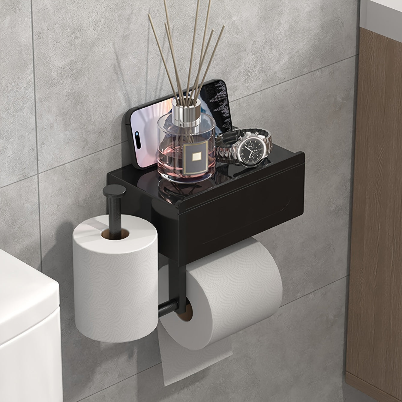 Easy-Install Black Toilet Paper Holder With Shelf - Wall-Mounted, No-Drill Bathroom Organizer For Tissues & Wipes
