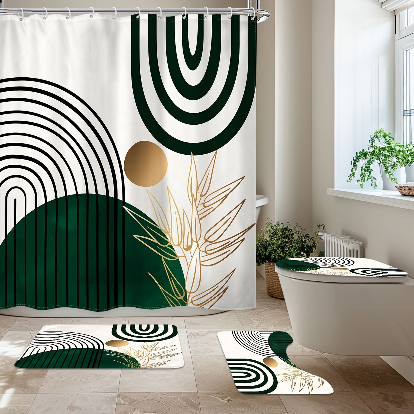 1/4pcs Waterproof Dark Green Semicircle Shower Curtain Set, For Bathroom Decor And Windows, Aesthetic Room Decor, Home Decor, With Non-slip Rugs And Toilet Lid Cover