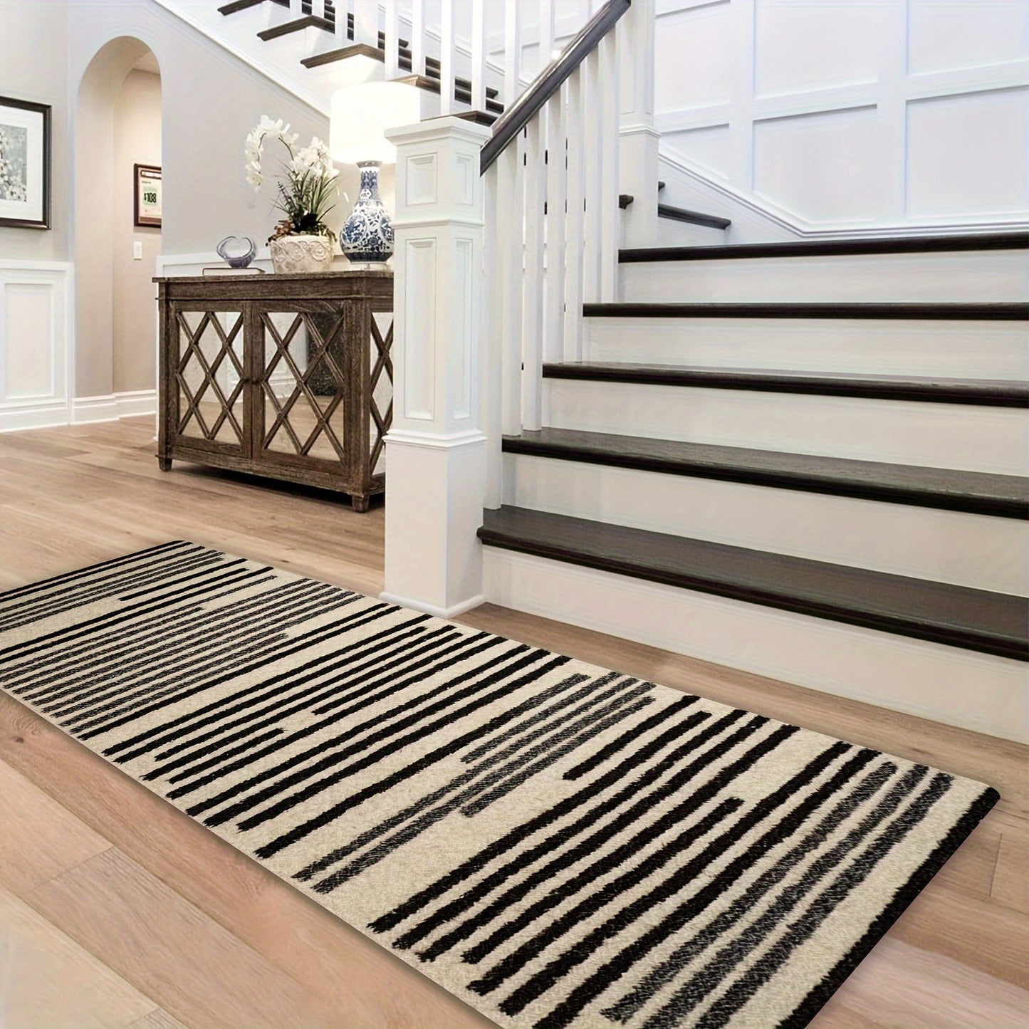 1pc Modern Striped Hallway Runner Rug, Non-Slip Laundry Room Mat, Soft Non Shedding Washable Carpet, Long Rug For Entryway Bedroom Kitchen Bathroom