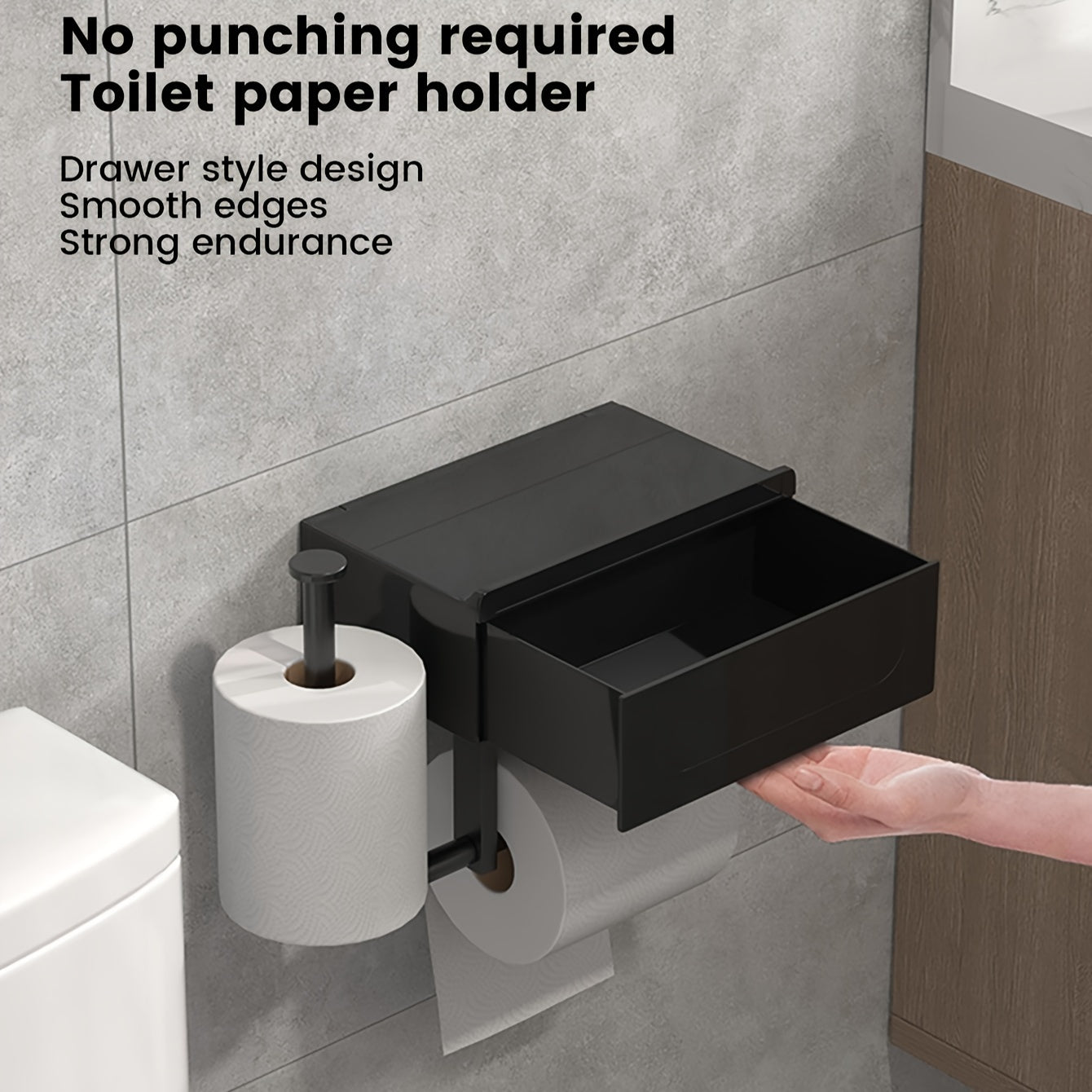 Easy-Install Black Toilet Paper Holder With Shelf - Wall-Mounted, No-Drill Bathroom Organizer For Tissues & Wipes
