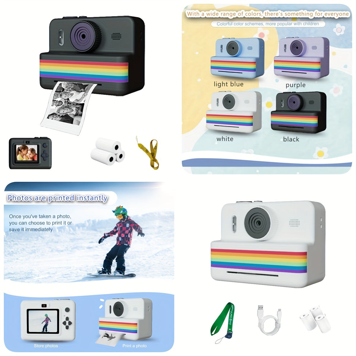 Instant Print Kids Camera 720P HD, USB Rechargeable Digital Camera with IPS Screen, Non-Waterproof Plastic Body, Lithium Polymer Battery 1500mAh, for Ages 3-12, Includes 3 Rolls of Photo Paper