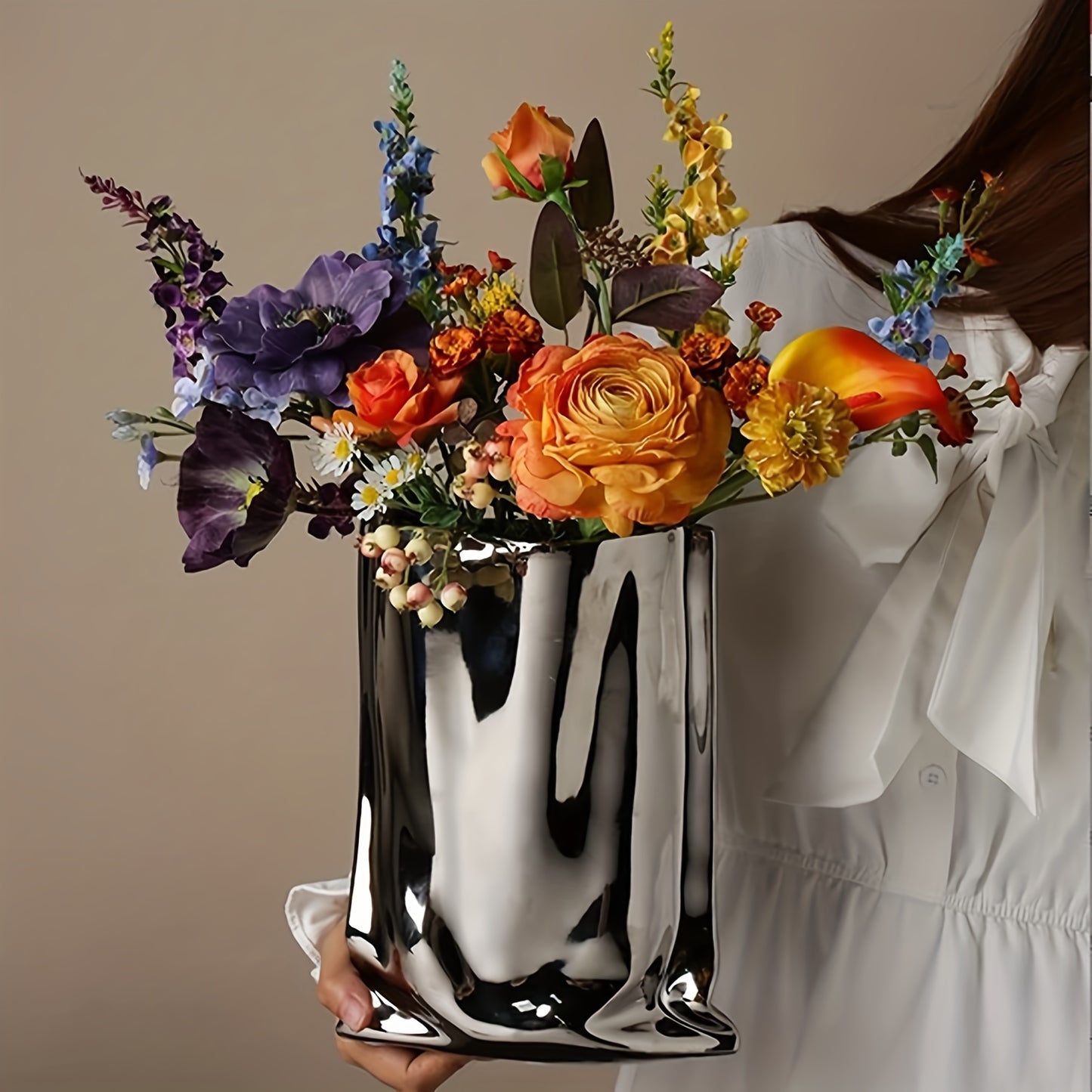 1pc, Exquisite Handcrafted Ceramic Flower Vase - Tall & Modern Design, Elevates Home Decor, Perfect for Living Room, Office, Dining Table, and Celebrations