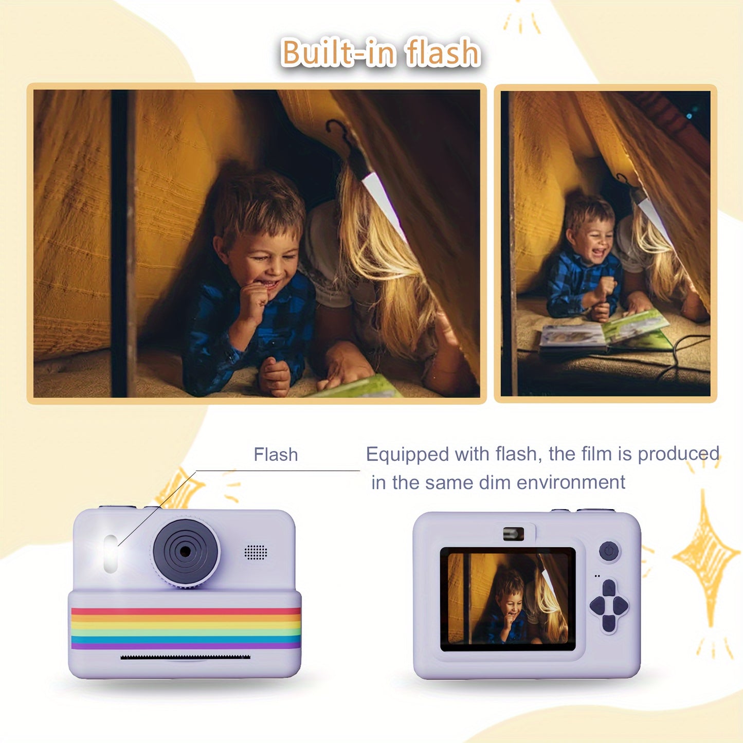 Instant Print Kids Camera 720P HD, USB Rechargeable Digital Camera with IPS Screen, Non-Waterproof Plastic Body, Lithium Polymer Battery 1500mAh, for Ages 3-12, Includes 3 Rolls of Photo Paper