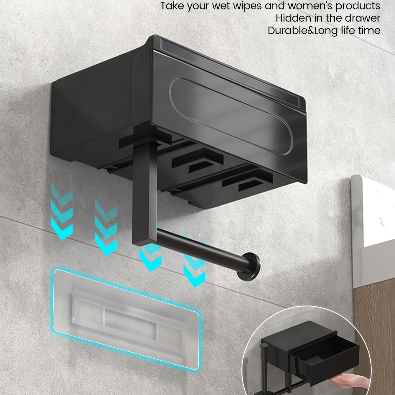 Easy-Install Black Toilet Paper Holder With Shelf - Wall-Mounted, No-Drill Bathroom Organizer For Tissues & Wipes