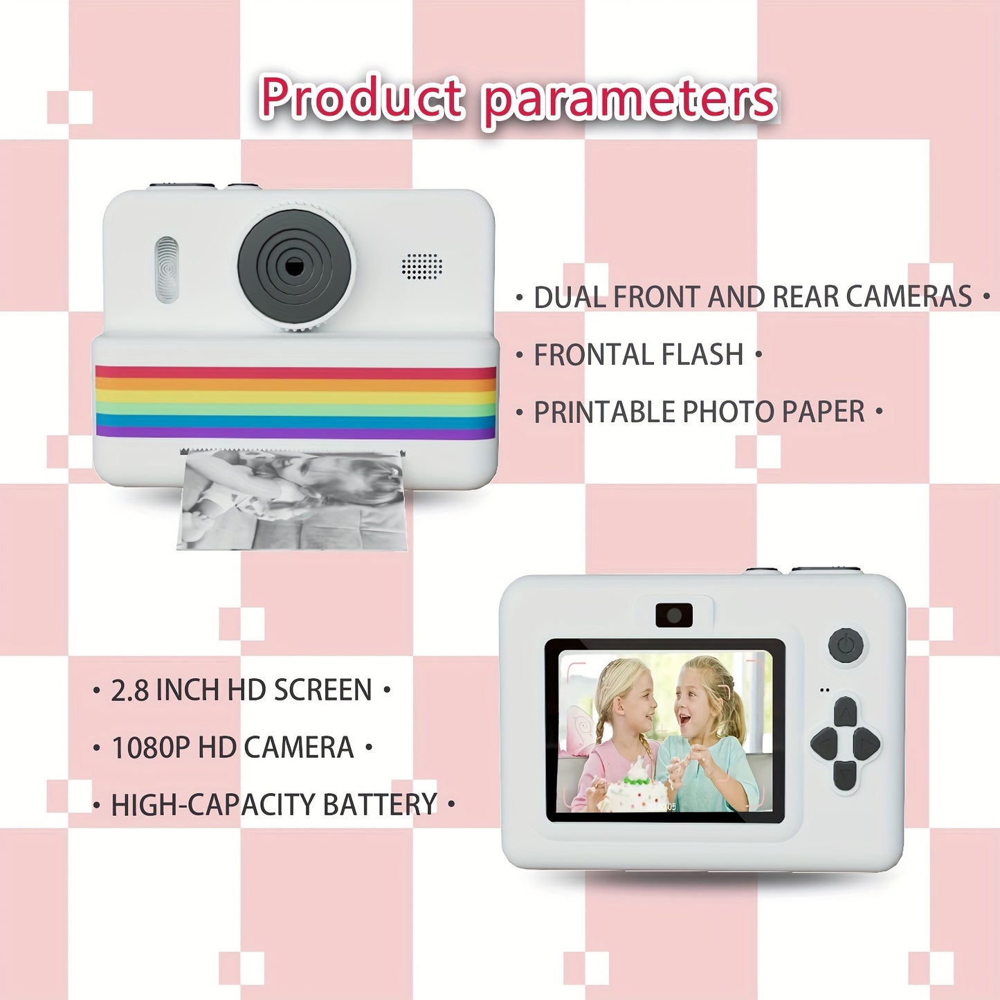 Instant Print Kids Camera 720P HD, USB Rechargeable Digital Camera with IPS Screen, Non-Waterproof Plastic Body, Lithium Polymer Battery 1500mAh, for Ages 3-12, Includes 3 Rolls of Photo Paper