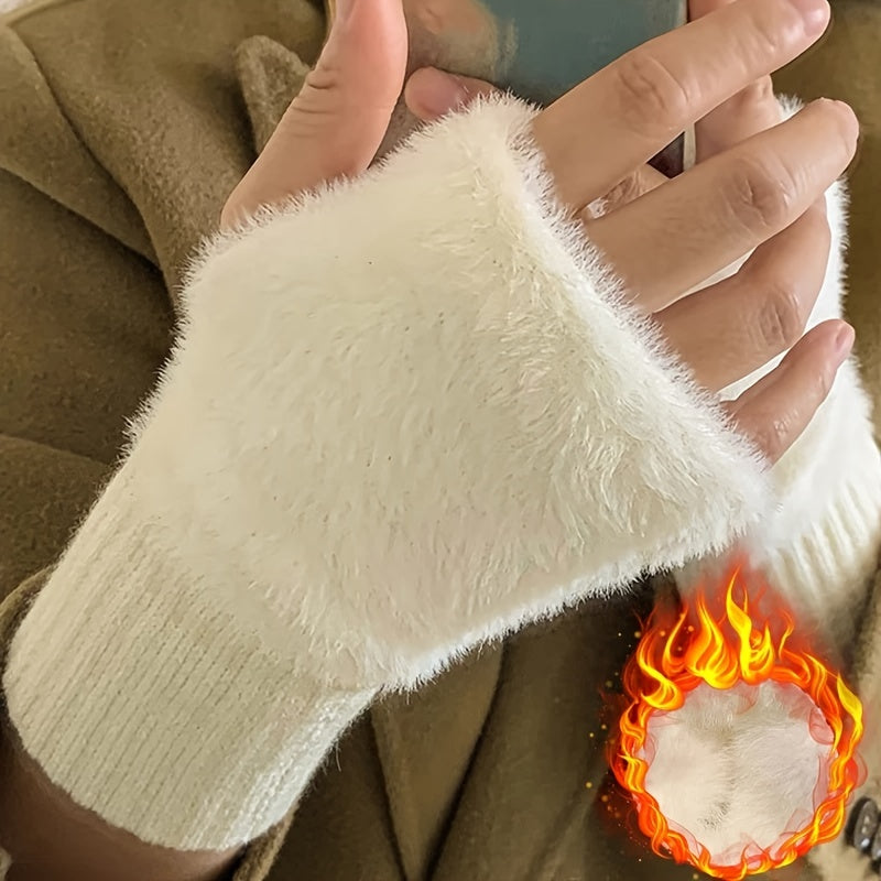 Simple Plush Splicing Knit Gloves Stylish Elegant Soft Warm Fingerless Gloves Autumn Winter Coldproof Elastic Wrist Cover