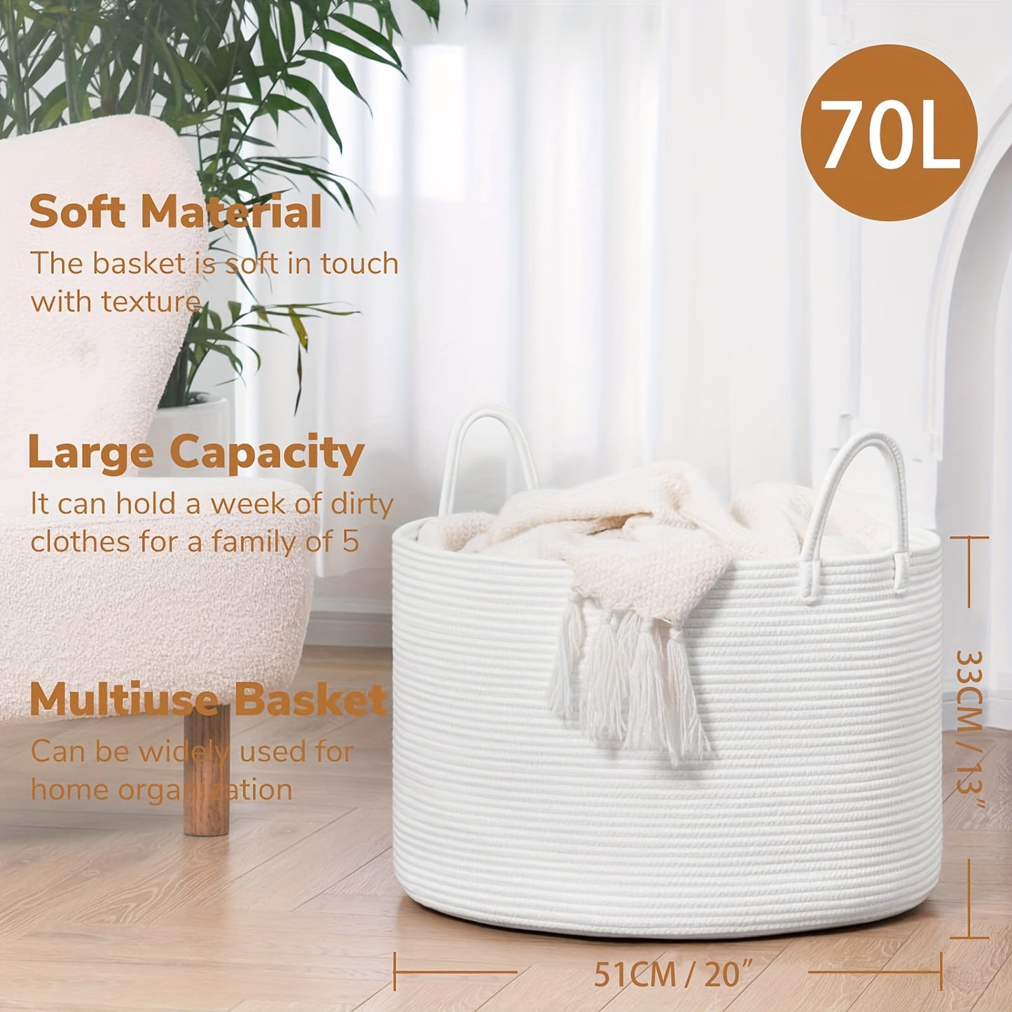 20x13 Large Woven Storage Basket - Classic, Open-Top Design for Organizing Towels, Pillows, Dirty Clothes, and Toys - Durable Fabric Construction, Convenient Handles, and Versatile for Bedroom, Dorm, and Home Decor