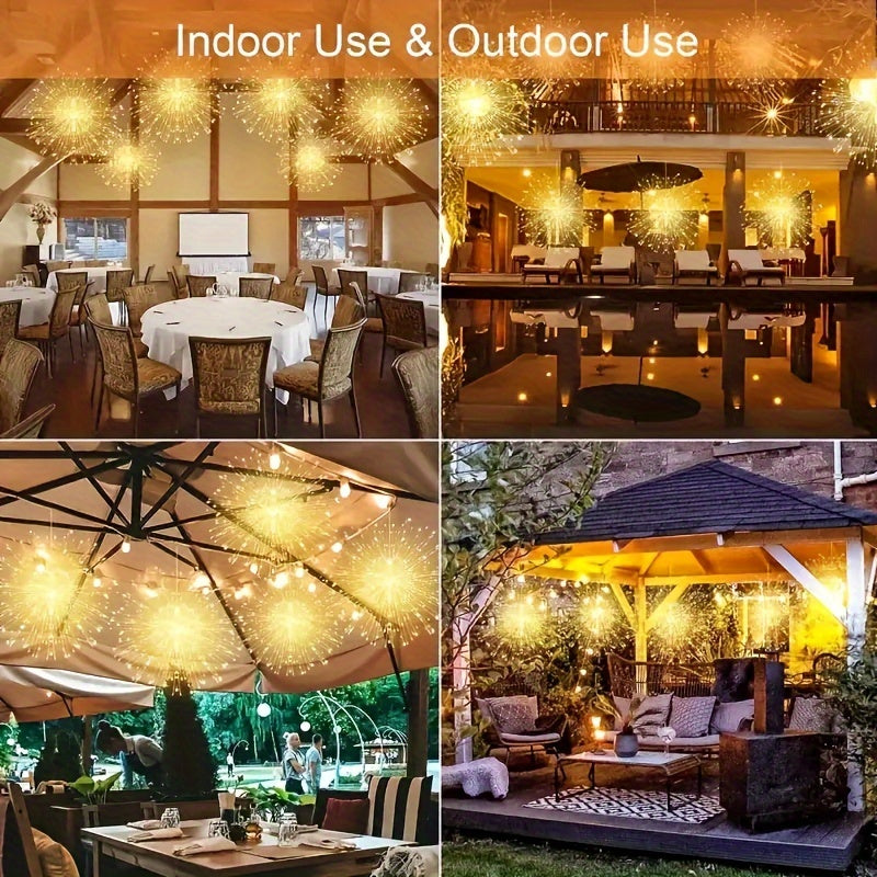 4 Pack, Suspended Solar Fireworks Light, 240/360/480 Leds Star Burst Light, Outdoor Waterproof, 8-Mode With Remote Control, Fairy Light, Eaves Garden Tree Christmas Decorative Light (Warm White)