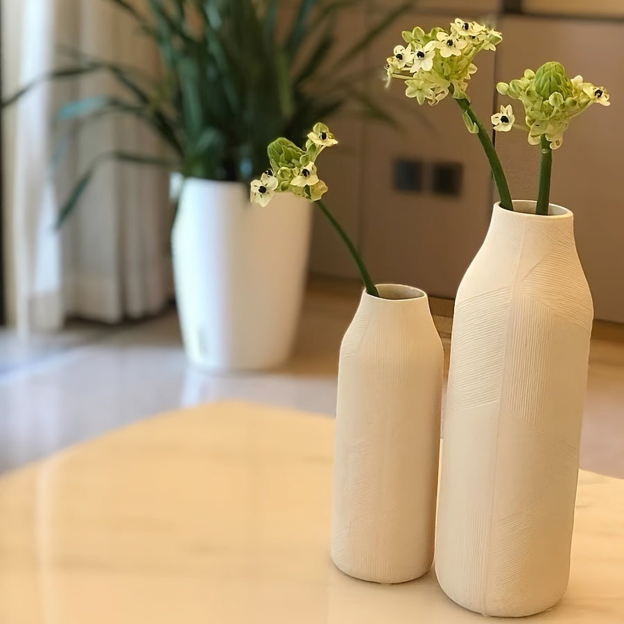 Set Of 2 White Ceramic Vases, Pampas Grass Decorative White Vase, Home Living Room Table Farmhouse Office Decoration (White)