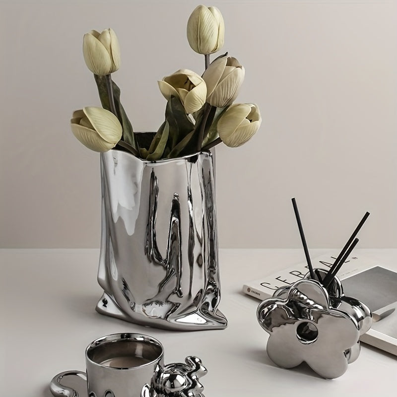 1pc, Exquisite Handcrafted Ceramic Flower Vase - Tall & Modern Design, Elevates Home Decor, Perfect for Living Room, Office, Dining Table, and Celebrations