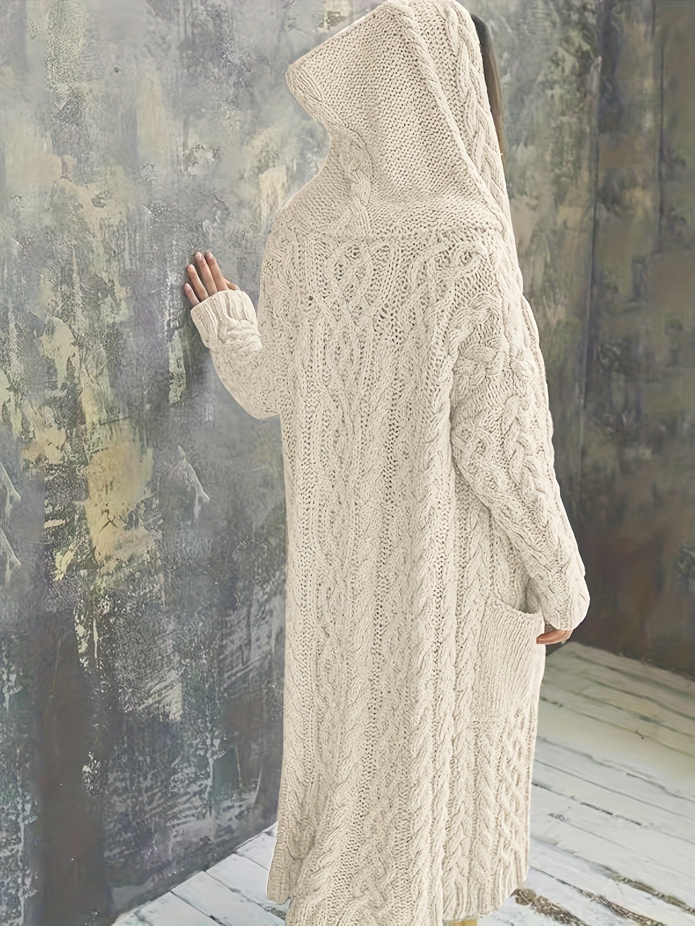 Chunky Knit Open Front Pocket Cardigan, Versatile Drop Shoulder Knitted Hooded Cardigan For Winter & Fall, Women's Clothing