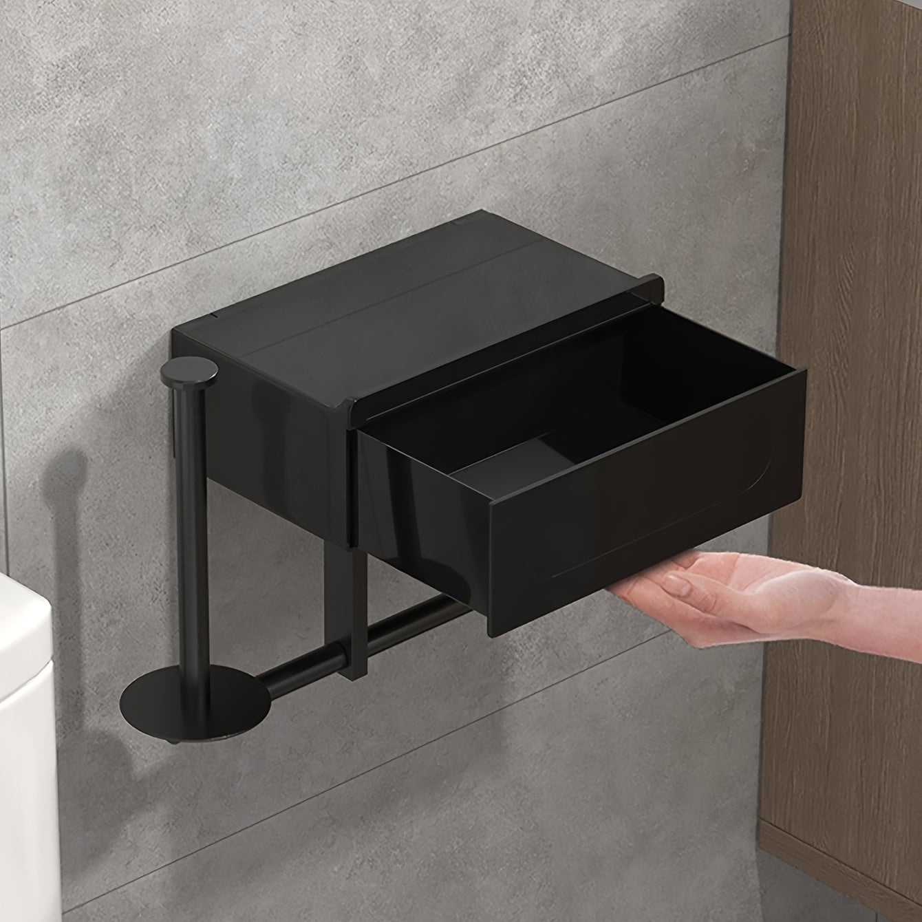 Easy-Install Black Toilet Paper Holder With Shelf - Wall-Mounted, No-Drill Bathroom Organizer For Tissues & Wipes